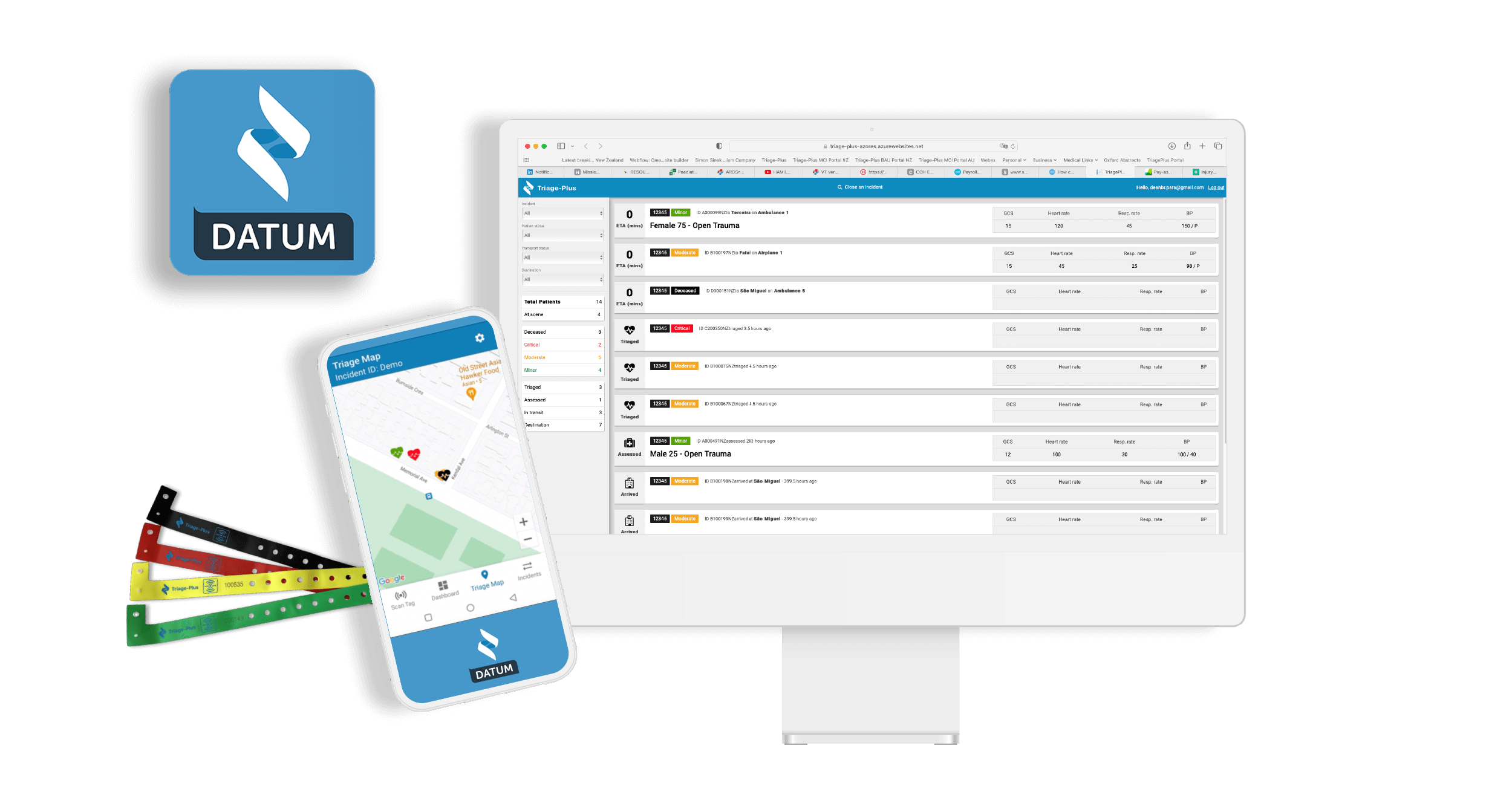 Datum on a phone showing the live triage map and on a desktop dashboard, with coloured triage wristbands